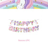 A colorful banner spelling out HAPPY BIRTHDAY made of unicorn-themed decorations.