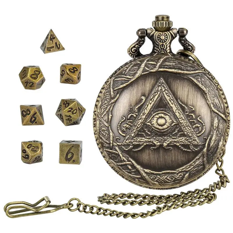 Metal Polyhedral Dice Set with Pocket Watch Case