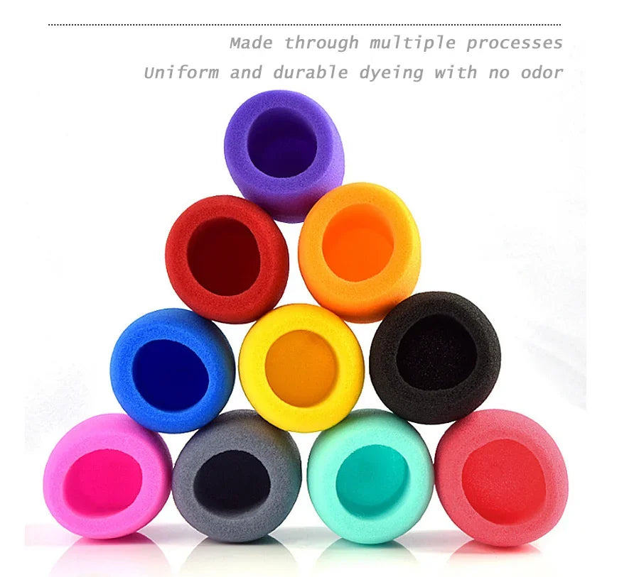 A multi-pack of colorful microphone windscreen foam covers in various shades including purple, orange, red, blue, and green.
