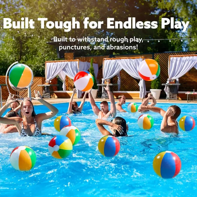 A person is playing with colorful inflatable beach balls in a swimming pool.