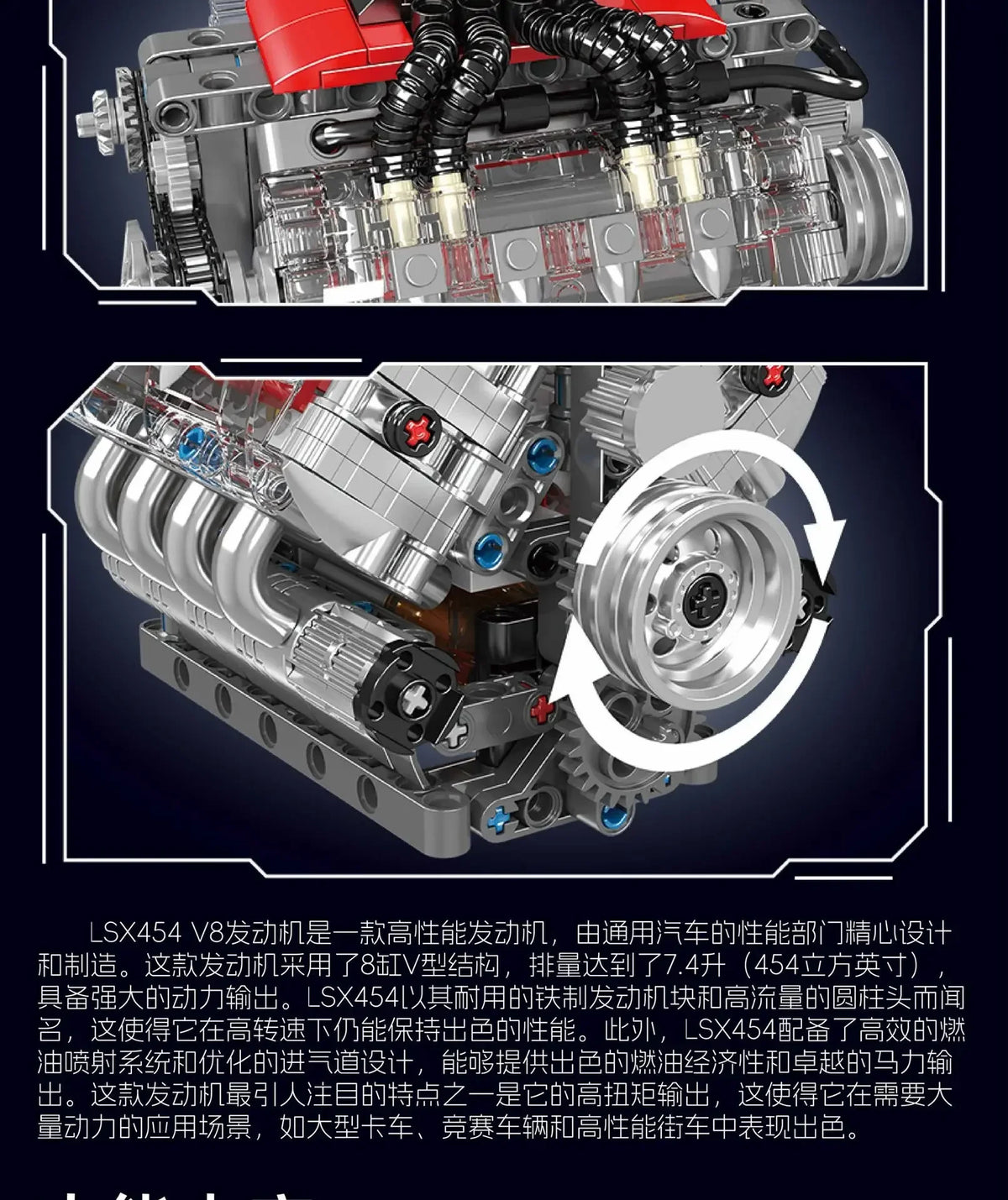 Close-up view of an LSX454 V8 engine building block set with electric drive components.