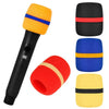 A set of five foam microphone windscreen covers in orange, blue, black, and yellow colors.