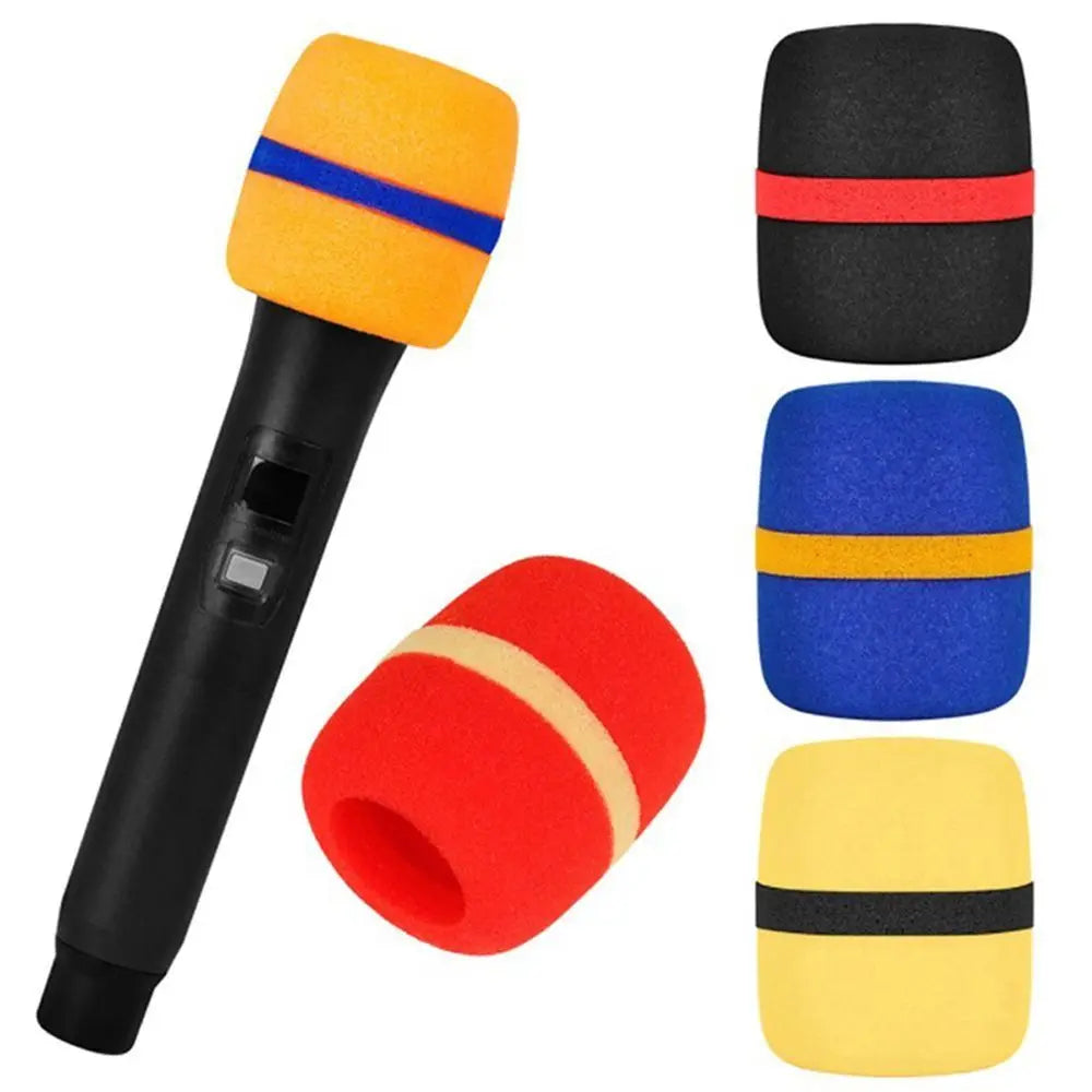 A set of five foam microphone windscreen covers in orange, blue, black, and yellow colors.