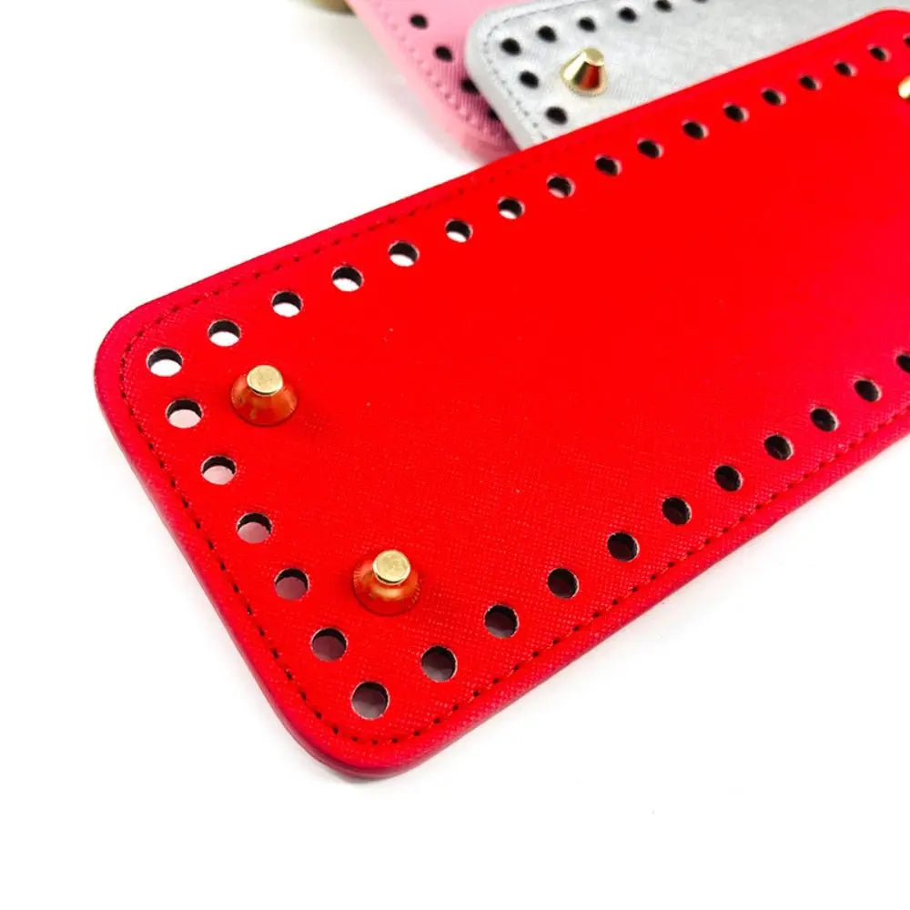 A red PU leather crochet bag with pre-punched holes is shown next to other colored bags.