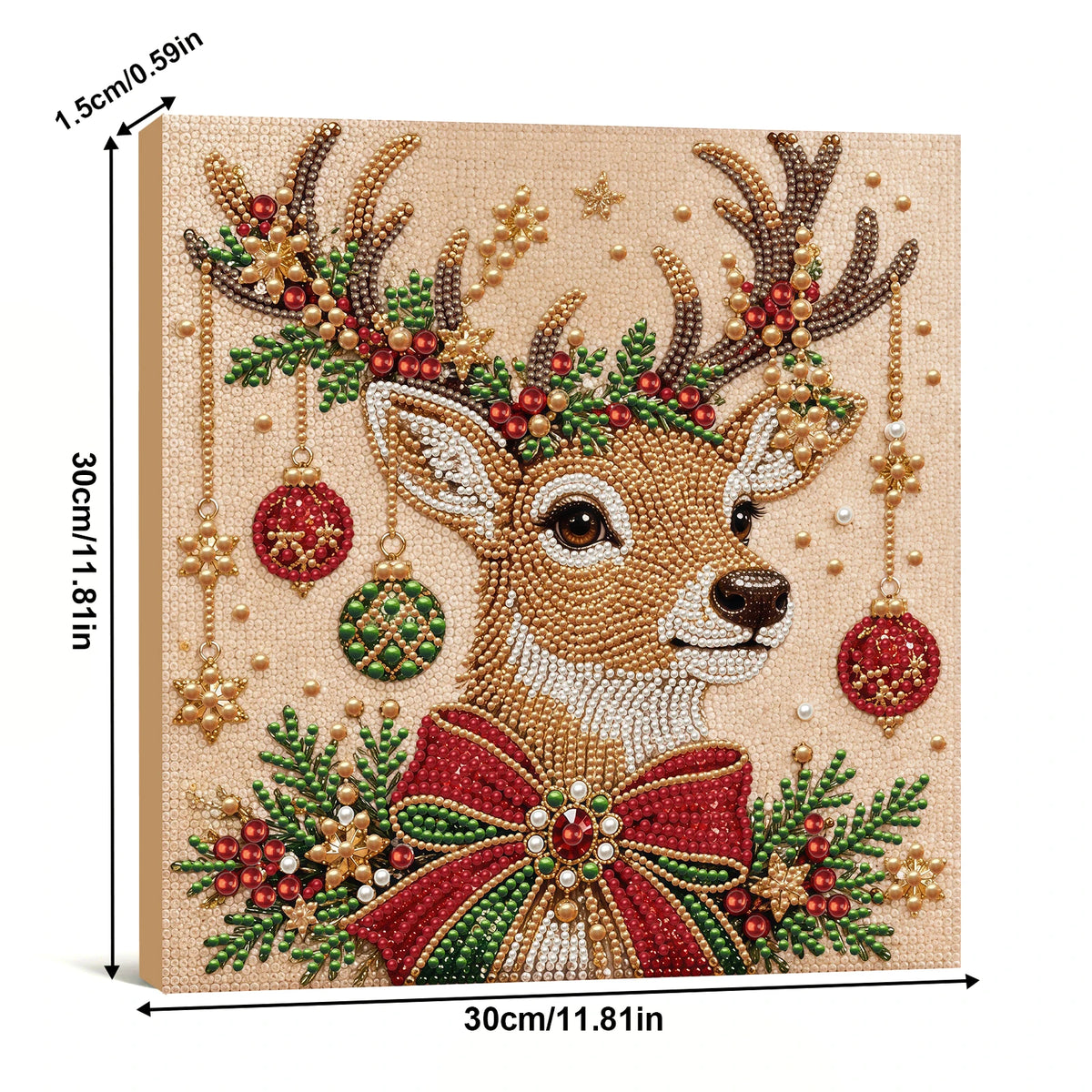 A diamond painting kit featuring a deer head with antlers decorated with red and green foliage and pearls.