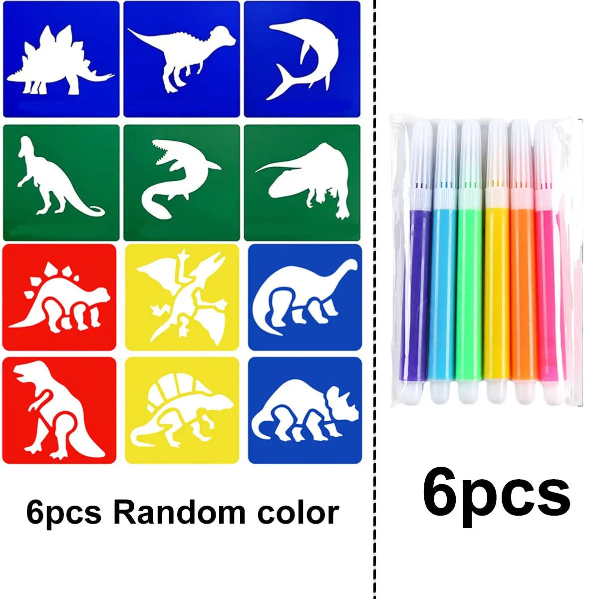 Set of six dinosaur painting stencils and washable markers for kids