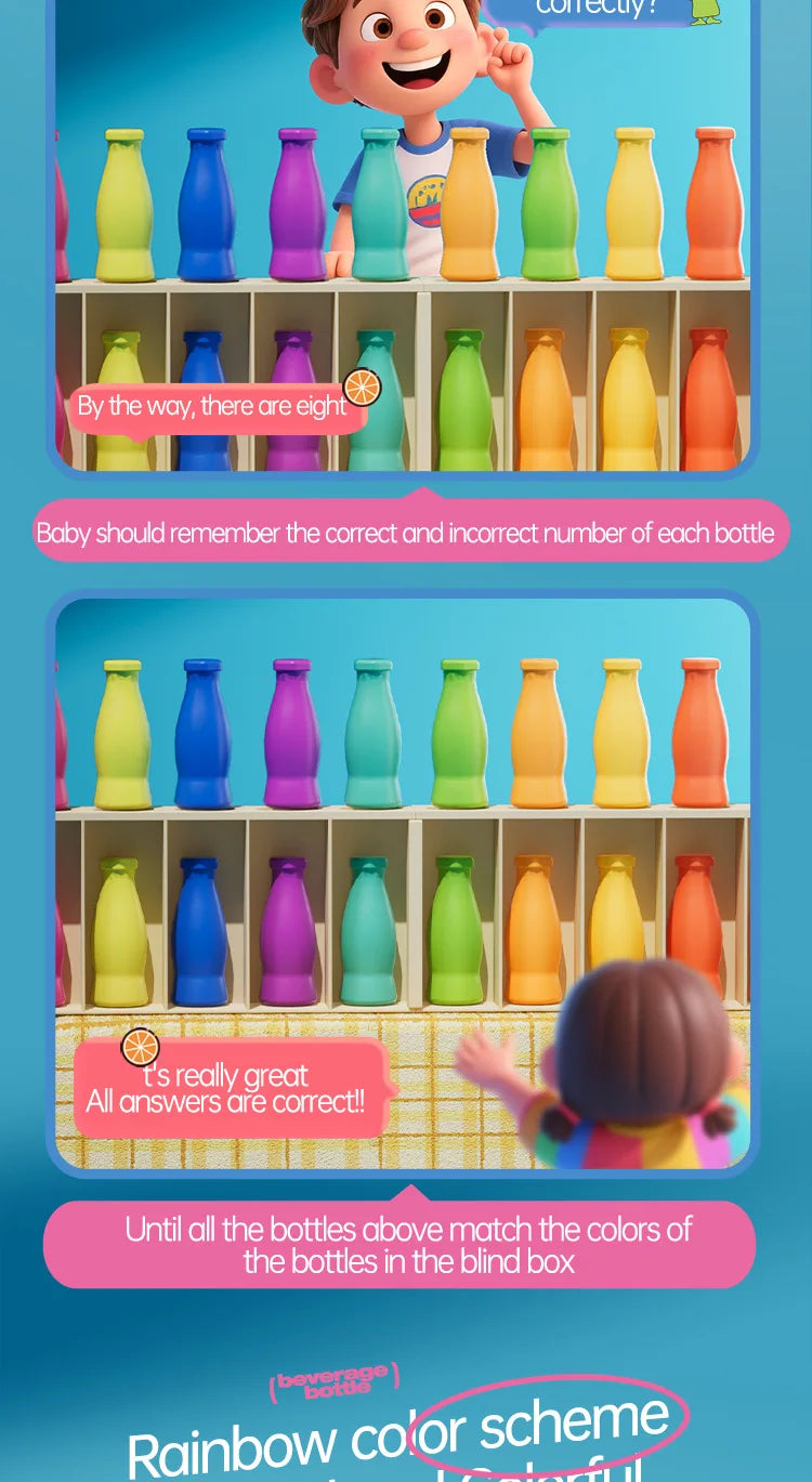 A colorful game board featuring bottles of various colors for a guessing game.