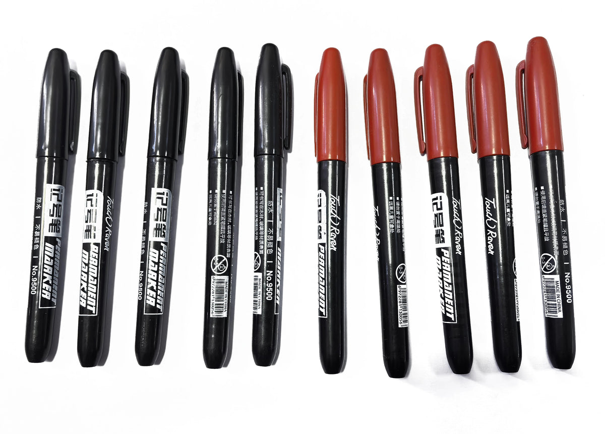 A pack of six permanent fine-tip markers in various colors, including black and reddish-brown.