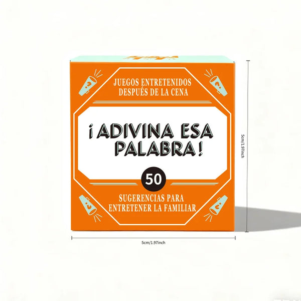 En orange brädspelslåda med titeln ¡Adivina esa palabra! och förslag för familjeunderhållning.