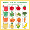 A set of colorful, crinkled sensory containers for sorting fruits and vegetables like apples, carrots, and bananas.