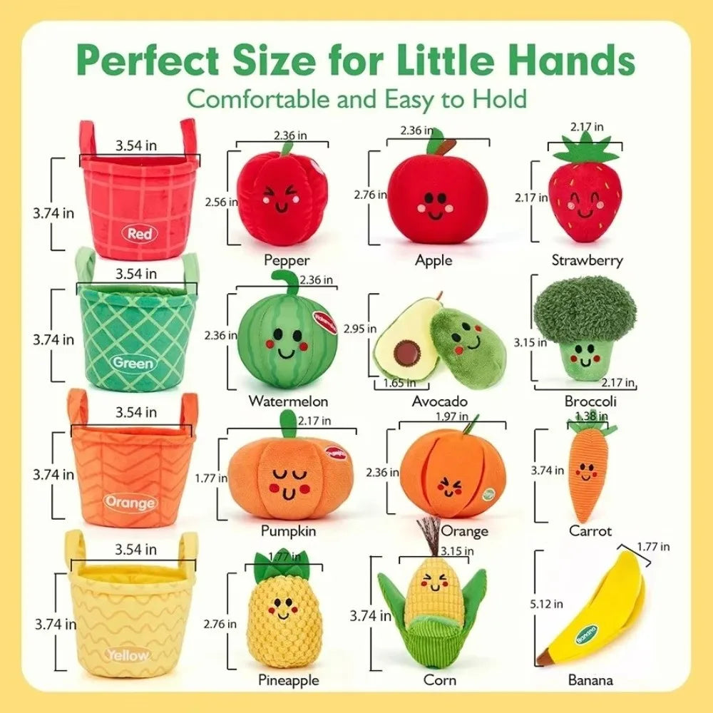 A set of colorful, crinkled sensory containers for sorting fruits and vegetables like apples, carrots, and bananas.