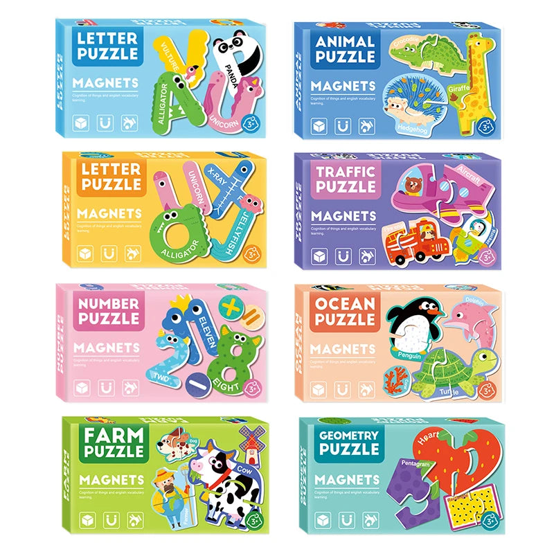 A set of Montessori magnetic letter, number, and animal puzzles for children.
