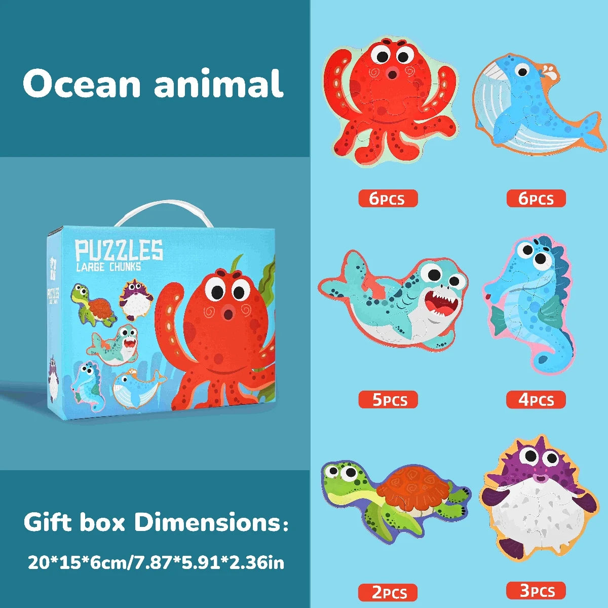 A set of six colorful ocean animal puzzles and a gift box with various sized puzzle chunks.