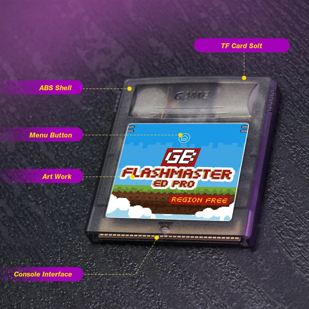 A close-up view of a Game Boy Flash cartridge showing its ABS shell and console interface.