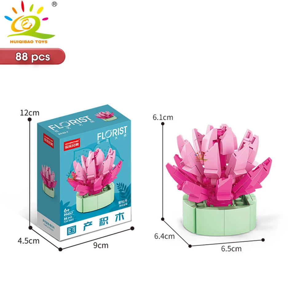 A set of 88 pink and green flower succulent building blocks for desktop plant decor.