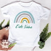 White t-shirt featuring a rainbow graphic design and the text Kids Name printed on the chest.