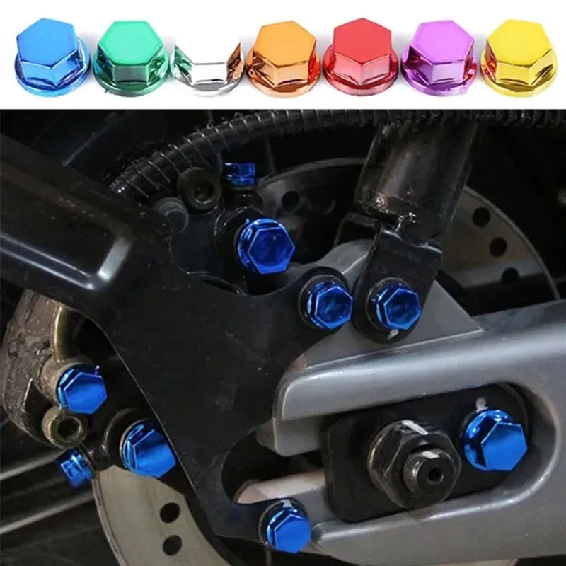 A set of colorful decorative screw caps and covers for motorcycle parts.