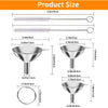 Stainless steel funnel set with three sizes and cleaning brushes shown in various dimensions.