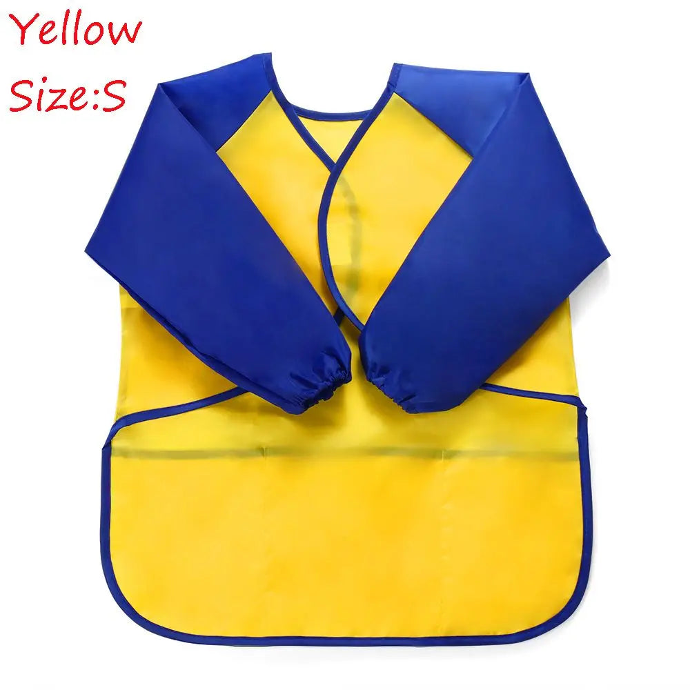 Yellow waterproof kids art and baking apron with blue long sleeves