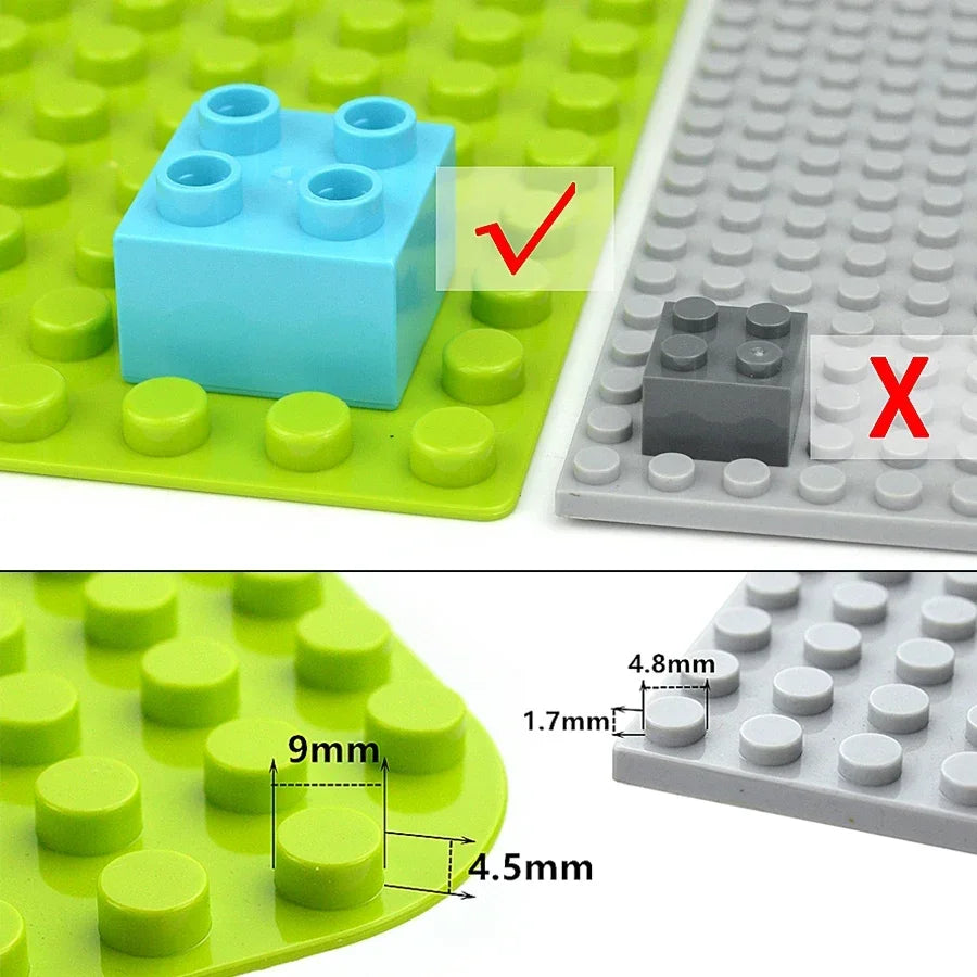 Comparaison de gros blocs pour enfants montrant les méthodes d'empilement correctes et incorrectes sur un tapis vert et gris.