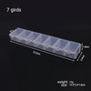 A plastic storage box with 7 dividers is shown, measuring 15.5cm long by 3.4cm wide and 1.8cm high.