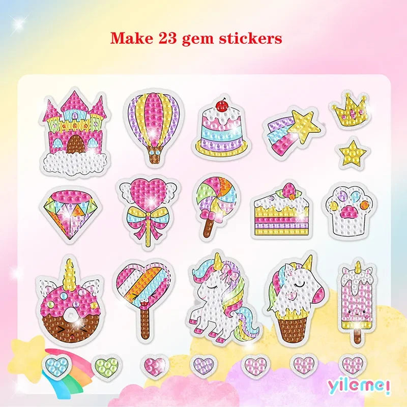 A collection of 23 gem stickers including a castle, hot air balloon, cake, stars, and ice cream cones.