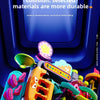 A close-up of a multi-layer rolling ball track toy featuring colorful plastic components and a protective blue background.