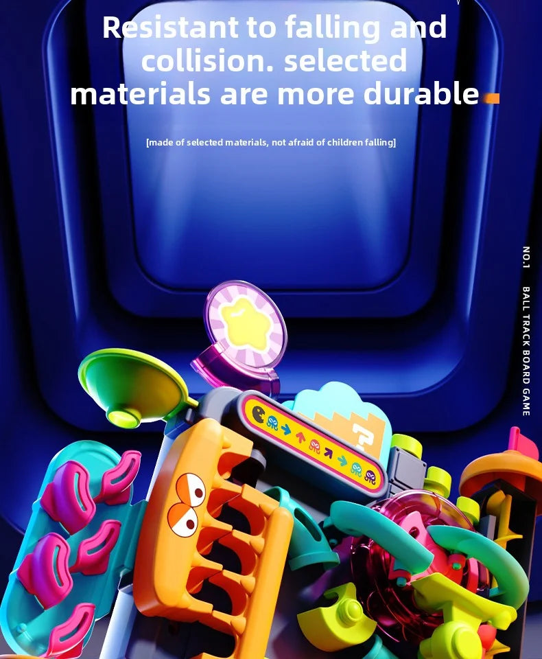A close-up of a multi-layer rolling ball track toy featuring colorful plastic components and a protective blue background.