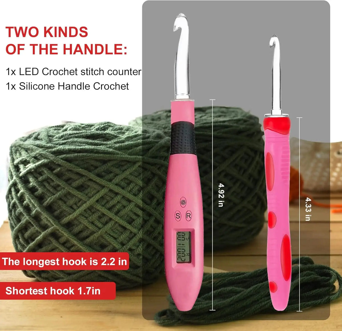 LED Lighted Crochet Hook Set with Interchangeable Heads and Built-in Stitch Counter