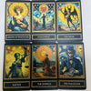 A set of five tarot cards featuring various figures and symbols like the Queen of Pentacles, Judgment, The Devil, Justice, Th