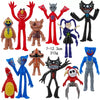 A collection of collectible figures depicting various characters from Poppy Playtime, including red, brown, and blue dolls.