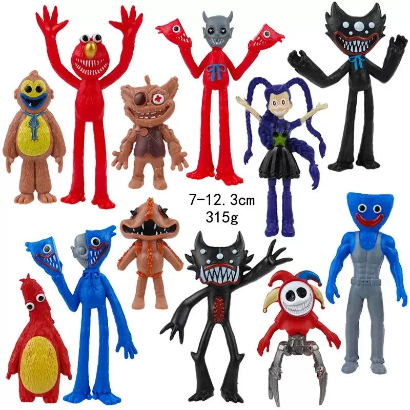 A collection of collectible figures depicting various characters from Poppy Playtime, including red, brown, and blue dolls.