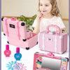 A pink girls beauty box with various makeup items and accessories for children's pretend play