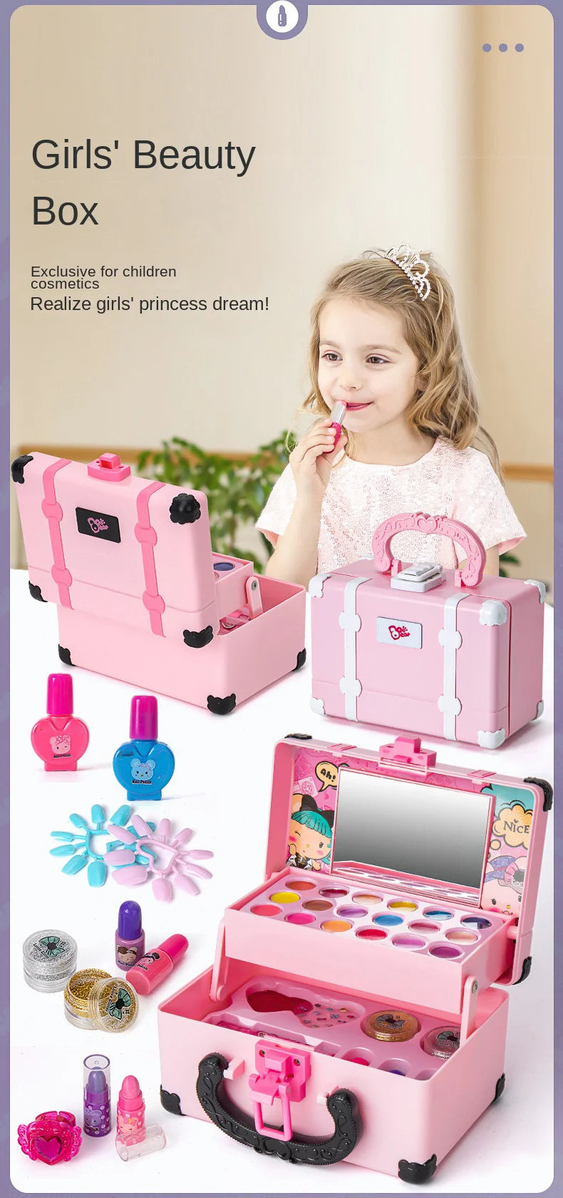 A pink girls beauty box with various makeup items and accessories for children's pretend play