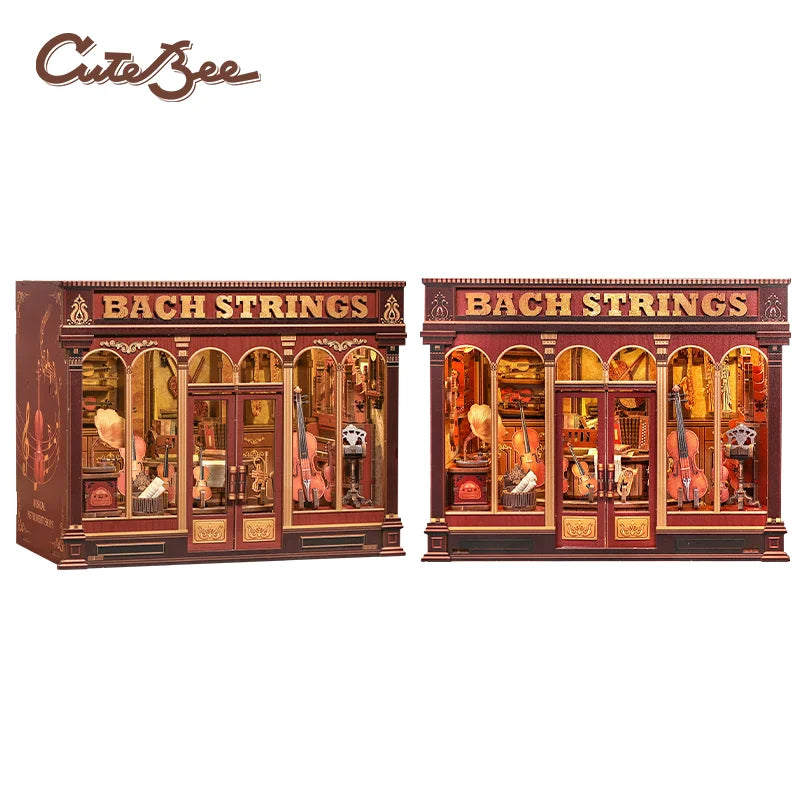 A pair of decorative wooden book string display boxes featuring antique books and musical instruments.