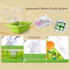 A green electric play sink featuring an automatic water cycle system for kids, shown with various tips and components.