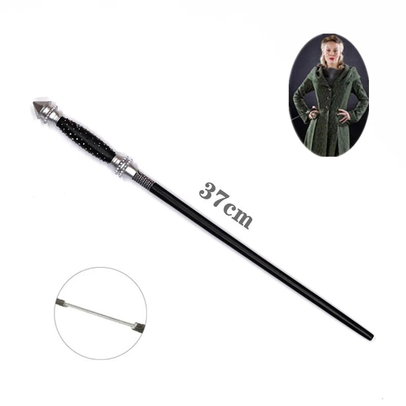 Elegant metal cosplay magic wand with a black handle and decorative tip.