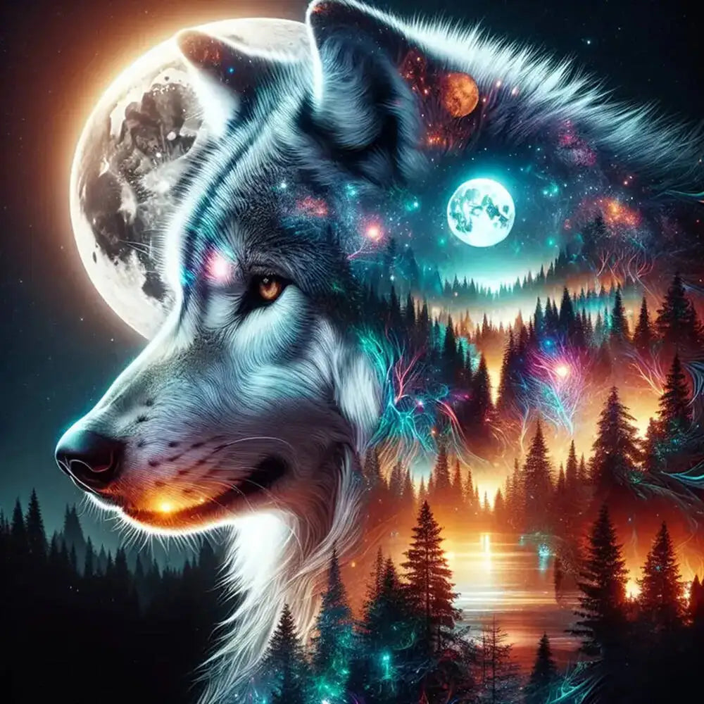 A majestic wolf's head with glowing blue fur is superimposed against a cosmic background featuring a large moon and an illumi