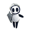 A plush doll resembling a character with a white hood, dark blue body, and gray wing.