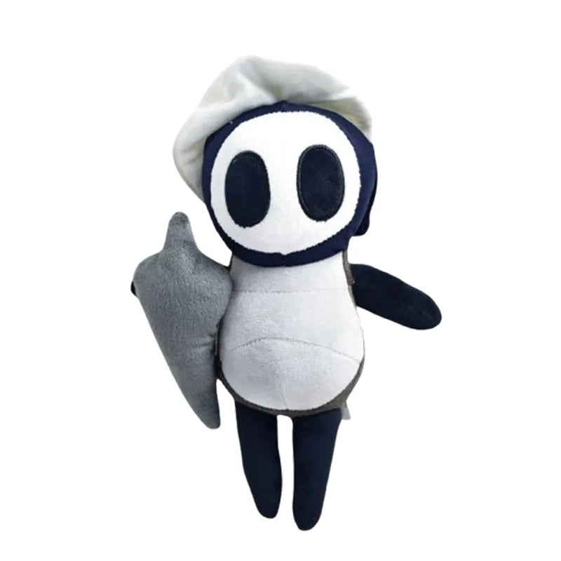 A plush doll resembling a character with a white hood, dark blue body, and gray wing.