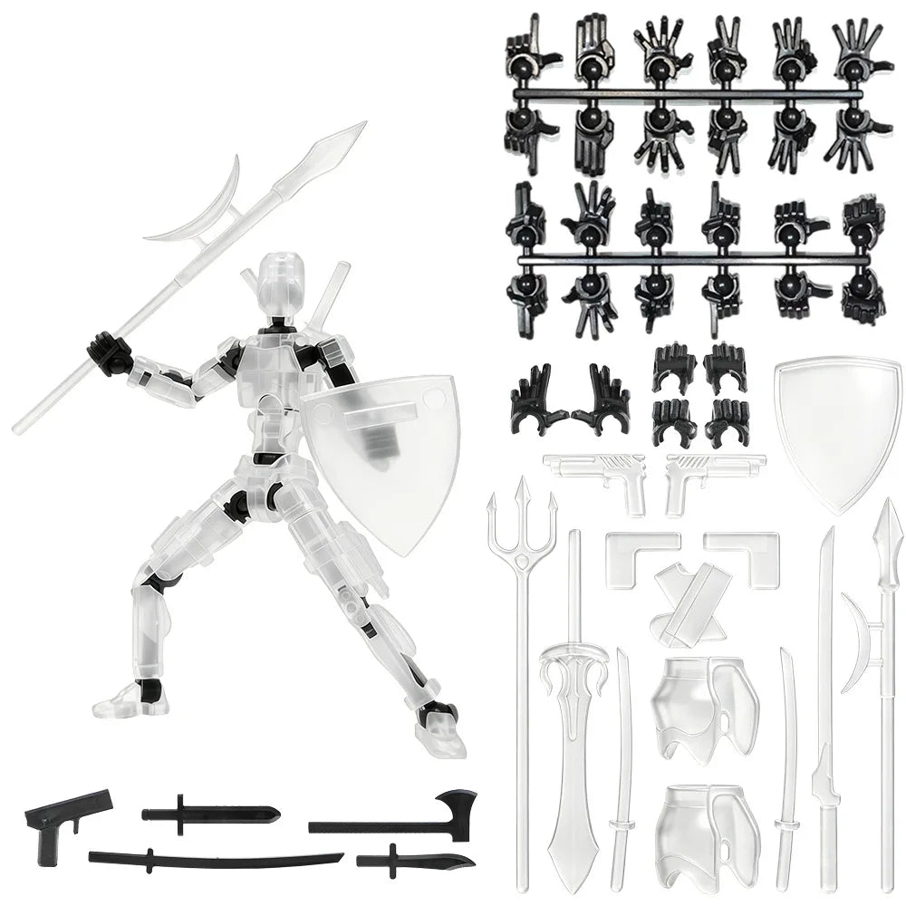 A clear plastic action figure and various magnetic accessories including hand parts, weapons, and armor pieces.