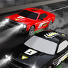 A red and black drift car is shown driving fast on a track, with bright headlights illuminating the scene.
