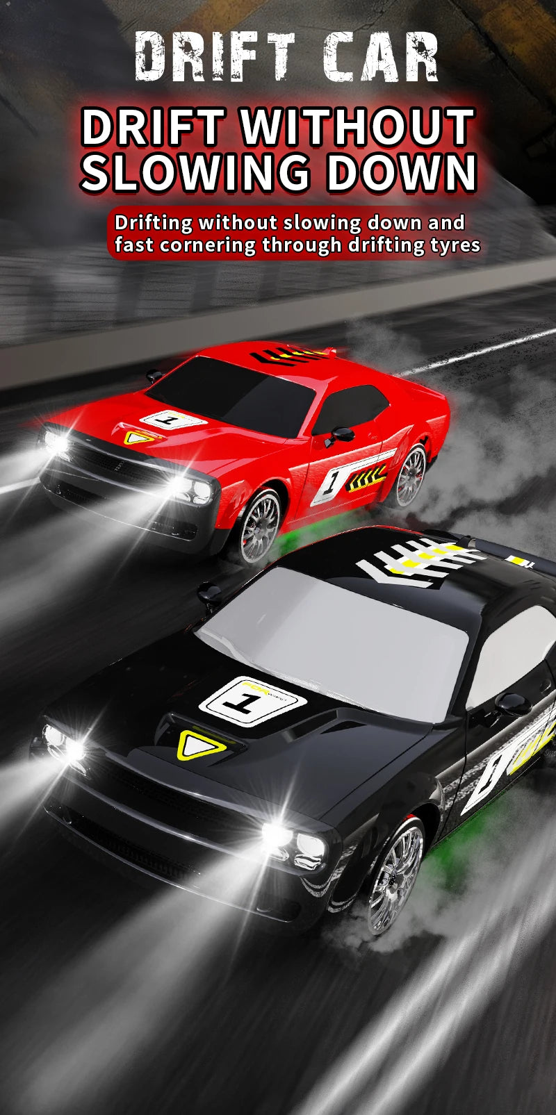 A red and black drift car is shown driving fast on a track, with bright headlights illuminating the scene.