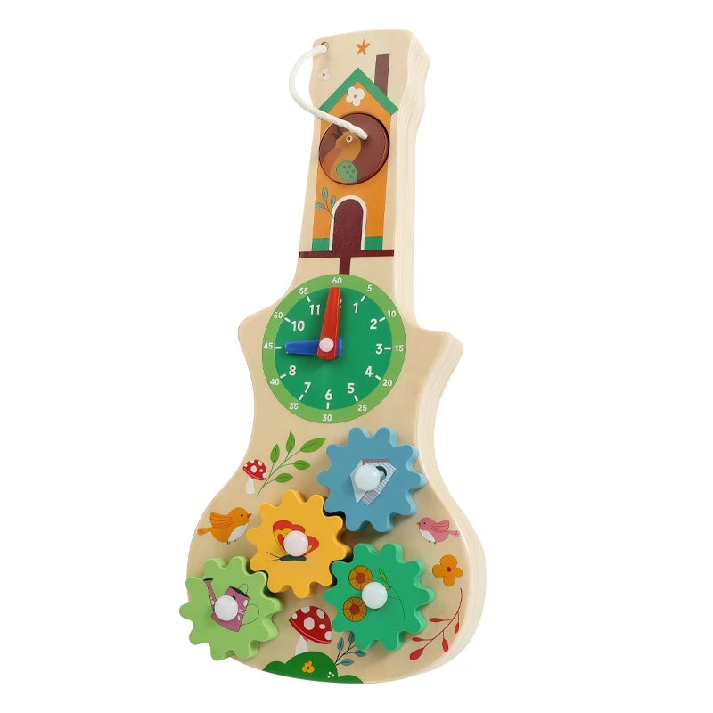 A wooden busy board featuring a house design and various musical activities for children.