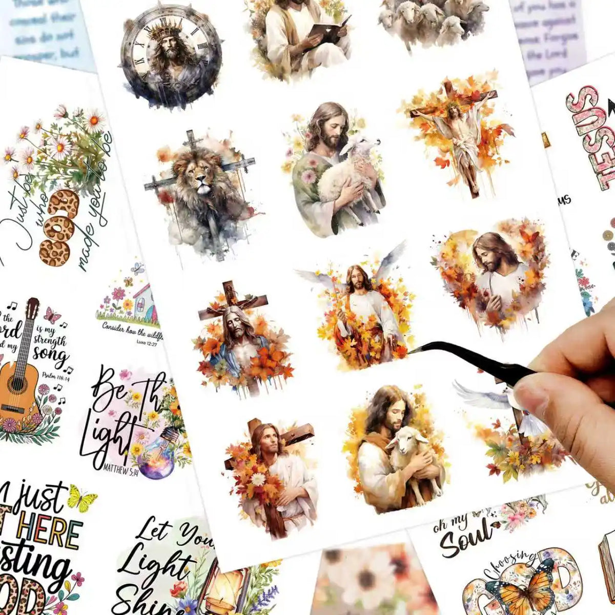A collection of inspiring Christian verse stickers featuring Jesus and religious themes for journaling and decor.