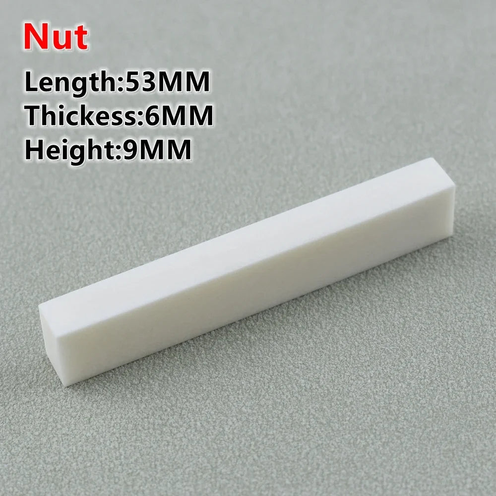 A white guitar nut with dimensions listed, shown against a gray background.