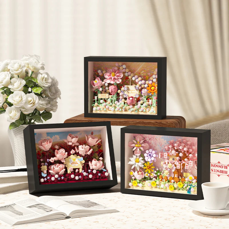 A display board showing a colorful 3D flower building blocks set used as a DIY craft kit.
