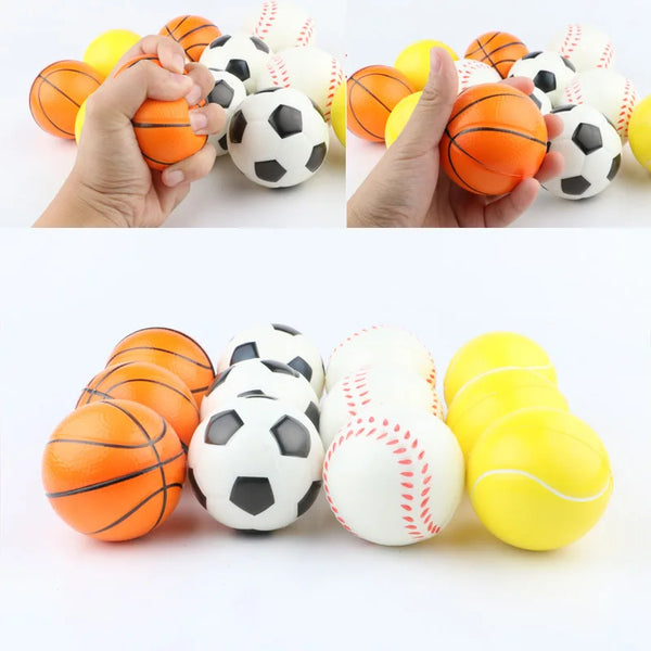 A collection of various colored stress balls including orange, yellow, and white spheres.
