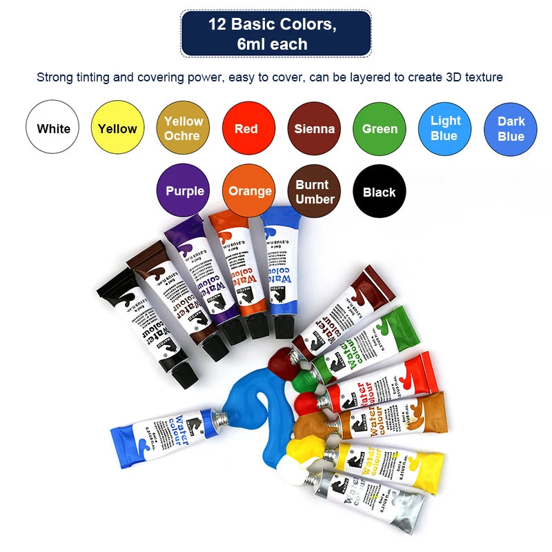 A set of 12 basic acrylic colors in 6ml tubes, including white, yellow, red, green, and black.