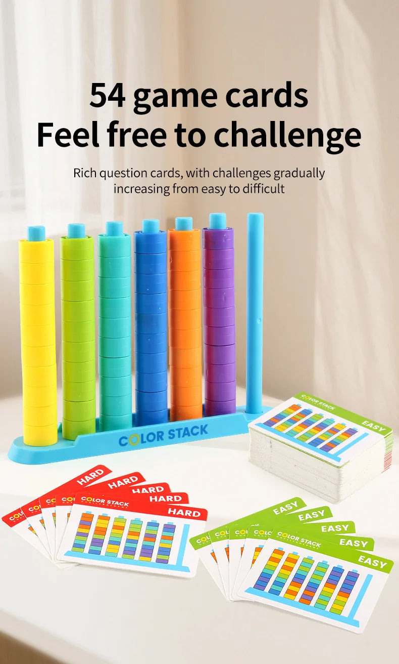 A set of 54 game cards in various colors stacked vertically, demonstrating a challenge progression for learning.